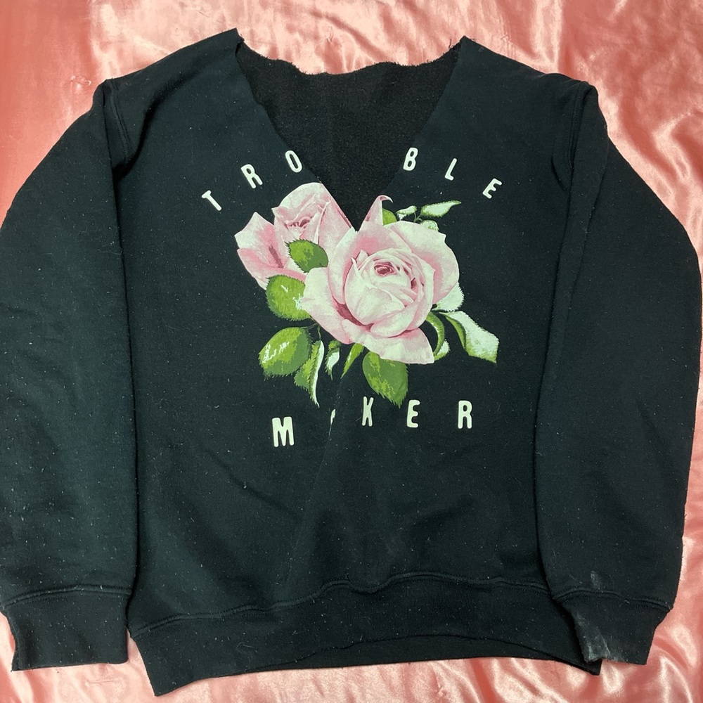 Black Sweatshirt with Pink Rose Graphic